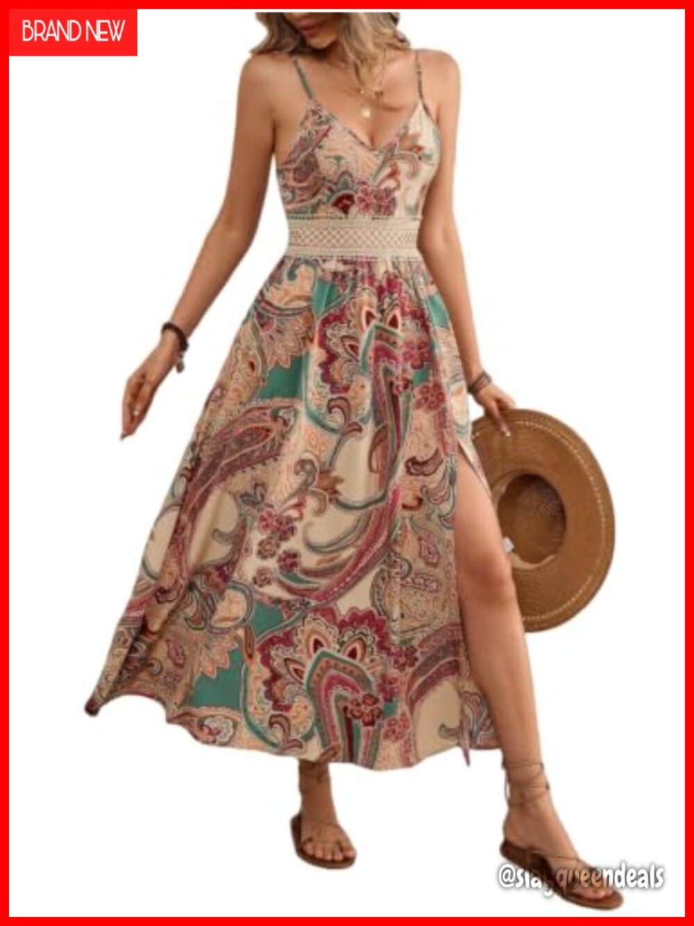 Boho Maxi Dress Spaghetti Strap V Neck Side Slit A-Line